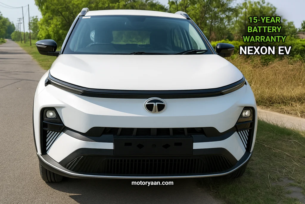 Tata Nexon EV front profile highlighting 15-year battery warranty upgrade