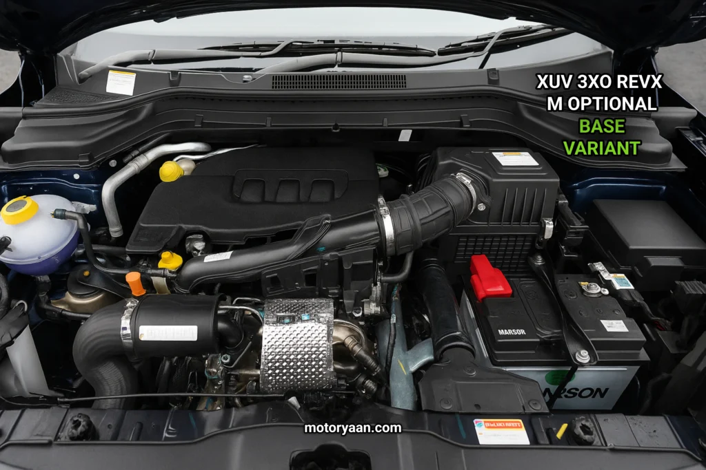 Engine bay of the 2025 Mahindra XUV 3XO REVX M Optional showcasing 1.2L turbo petrol engine