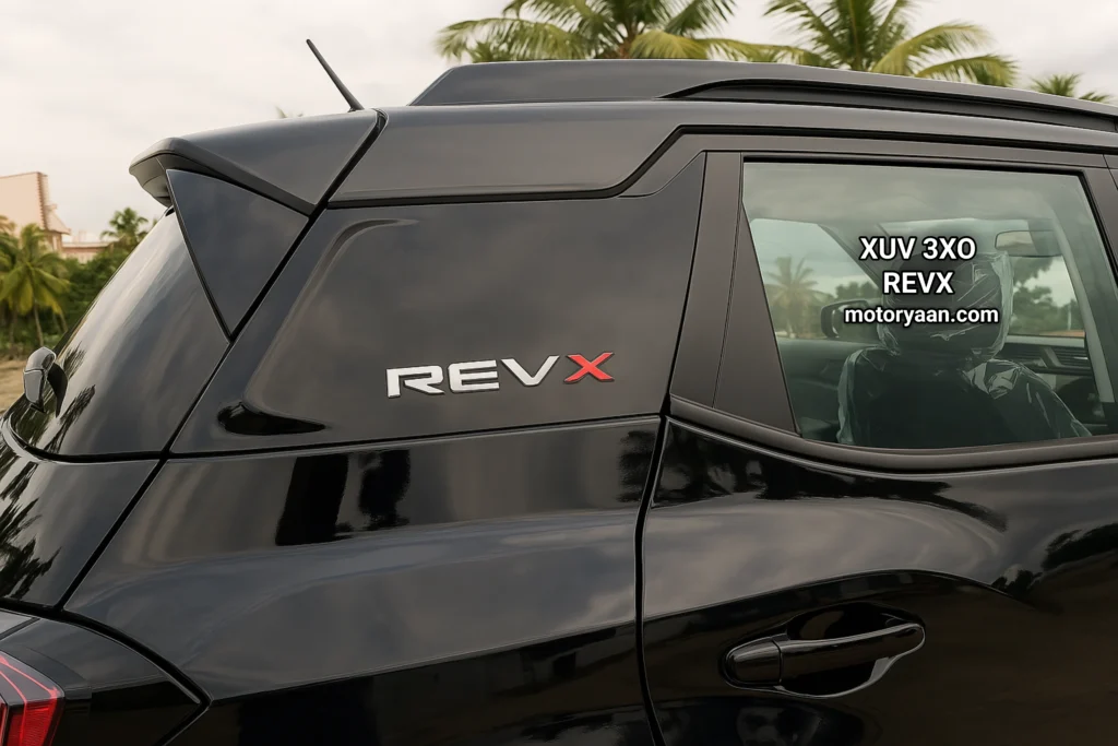 REVX badge on the C-pillar of 2025 Mahindra XUV 3XO REVX