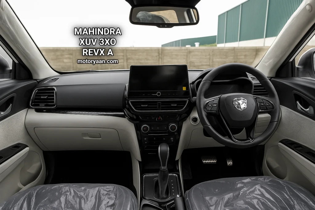 Mahindra XUV300 REVX-A full dashboard with steering, infotainment, AC vents, gear knob, and mirror