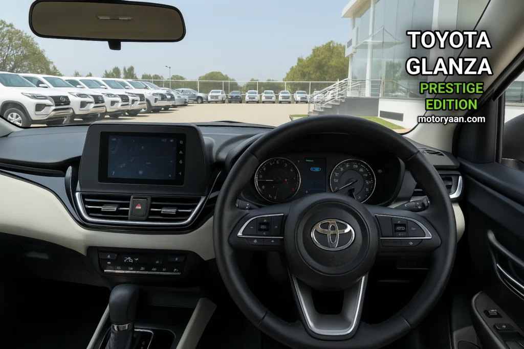 Toyota Glanza Prestige Edition interior with dashboard, infotainment system, AC controls, and steering-mounted features