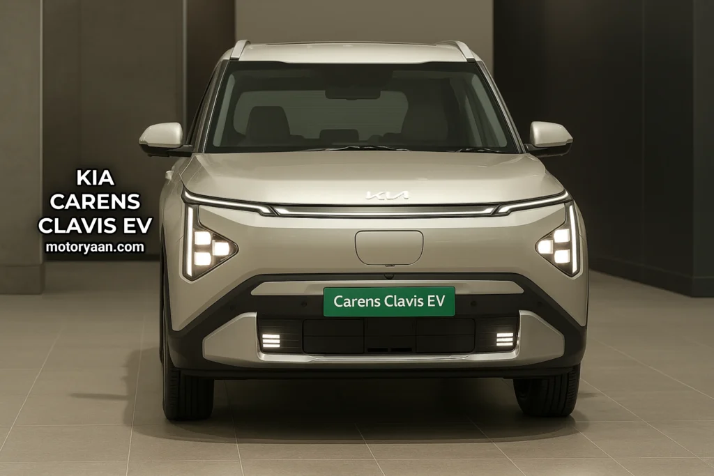 Kia Carens Clavis EV front profile view featuring LED headlights and signature EV design