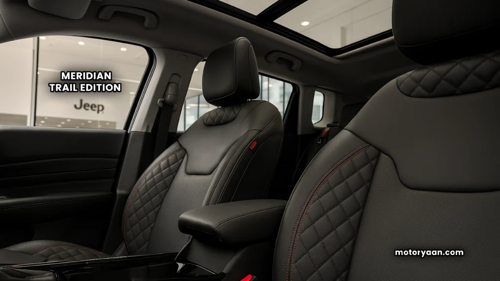 Jeep Meridian Trail Edition premium black leather seats with red contrast stitching