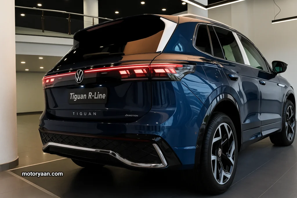 Rear and side profile of the Volkswagen Tiguan R-Line showcasing alloy wheels and LED tail lamps