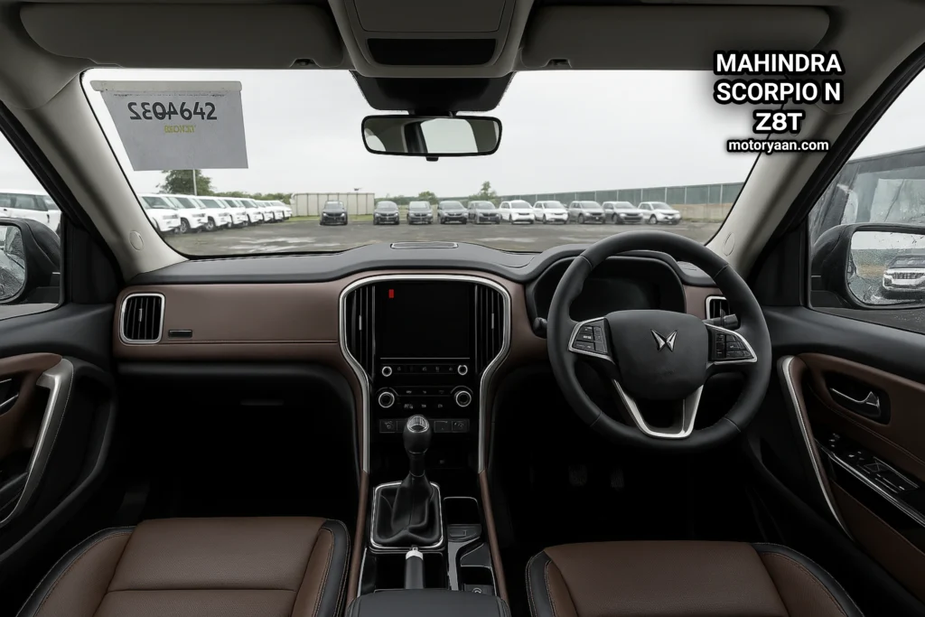 Mahindra Scorpio N Z8T dashboard with infotainment, steering, instrument cluster, and gear shifter