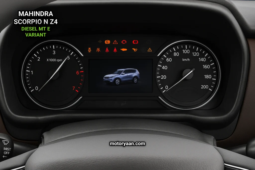 Mahindra Scorpio-N Z4 Diesel MT E digital instrument cluster with fuel economy and trip data