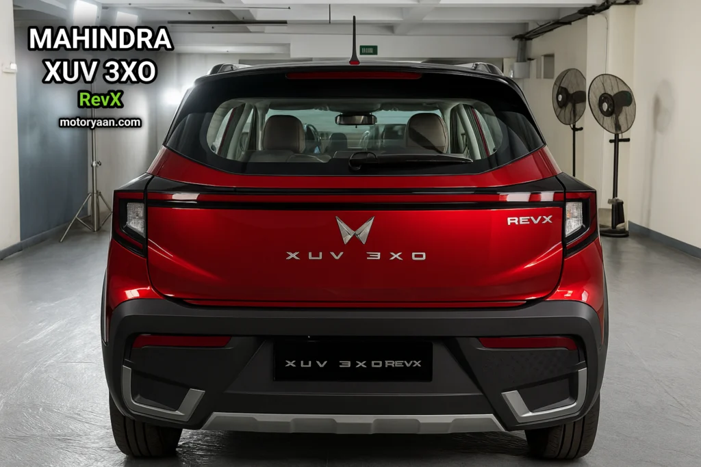 Mahindra XUV 3XO RevX rear profile with connected LED tail-lamps and RevX badge