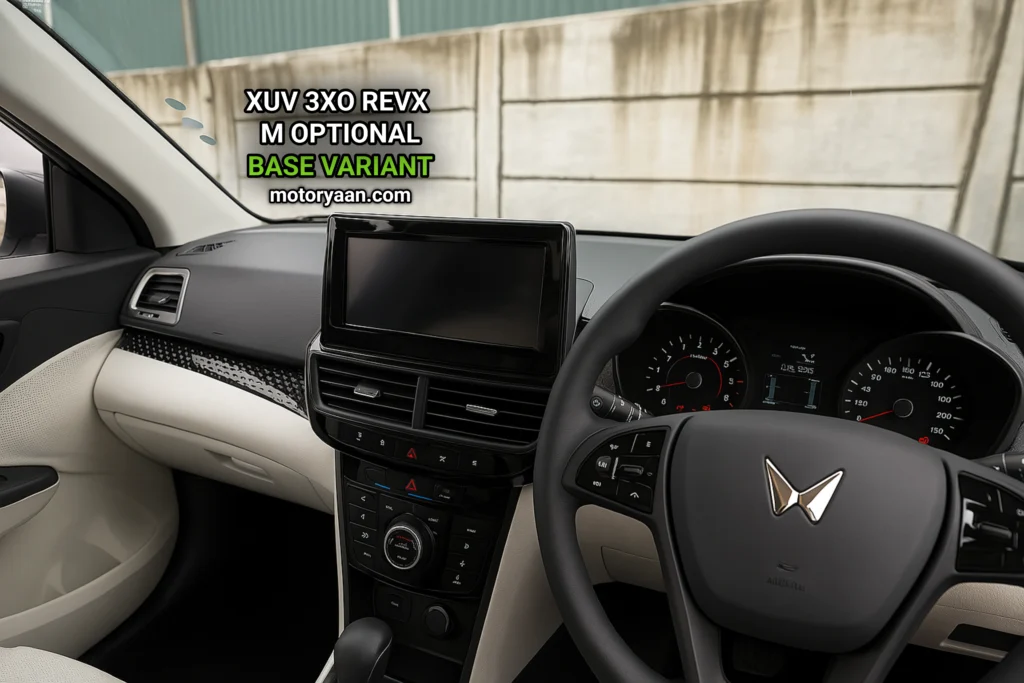 10.25-inch infotainment system of 2025 Mahindra XUV 3XO REVX M Optional with AC vents and dashboard layout