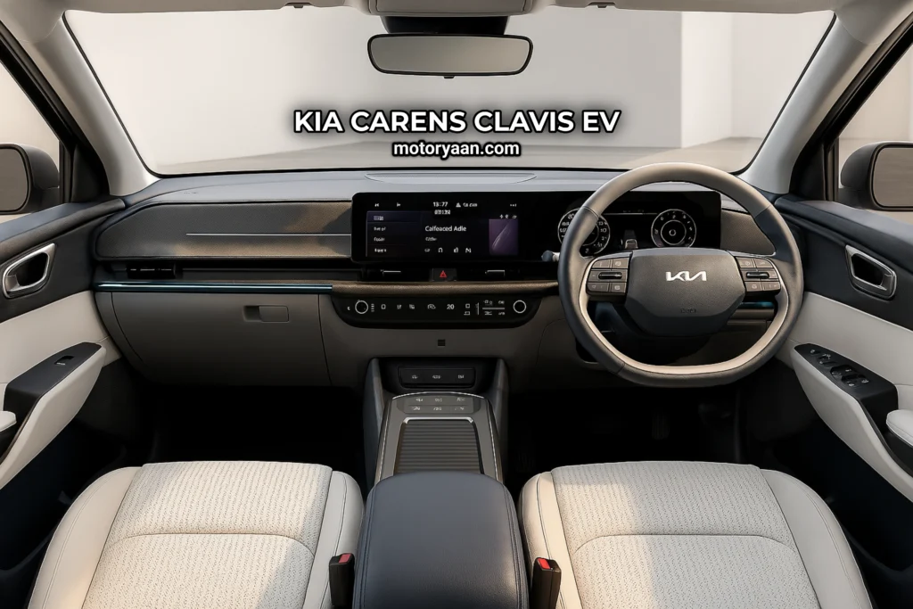 Kia Carens Clavis EV front interior showing steering wheel, infotainment system, digital cluster, dashboard, AC vents, front seats, and center console