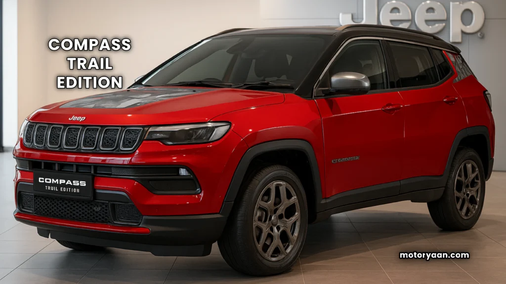 Jeep Compass Trail Edition front and side profile with Trail Edition decals and red accents