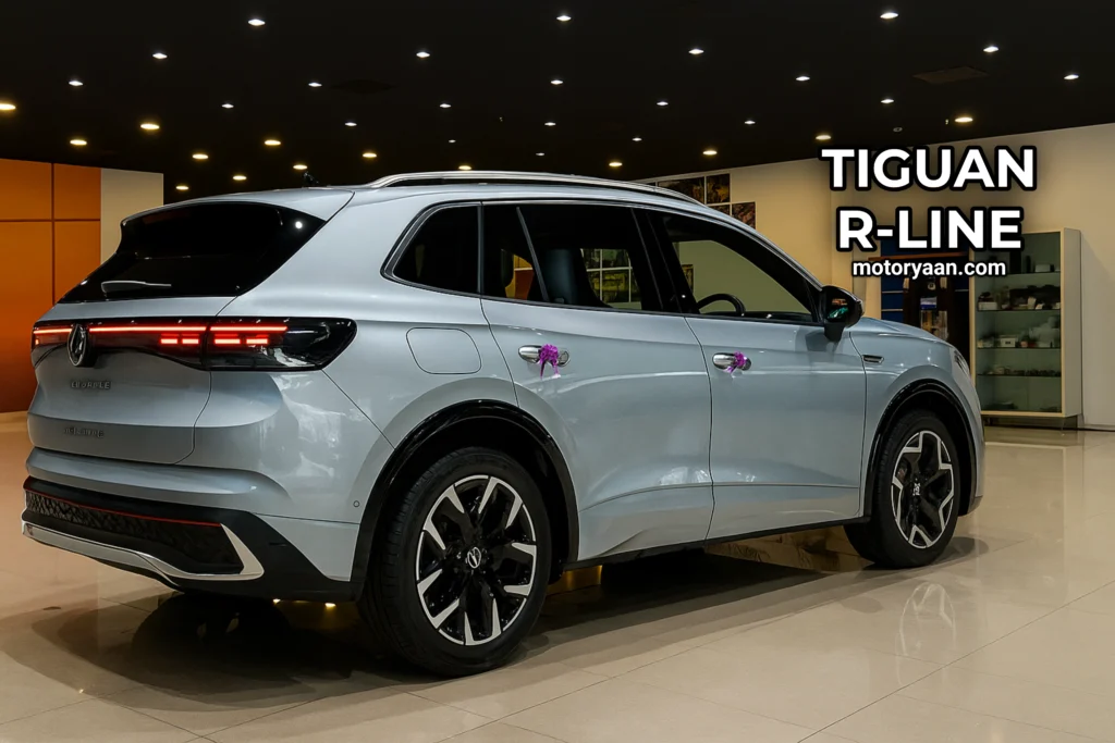 Volkswagen Tiguan R-Line side and rear angle with chrome accents and roof rails