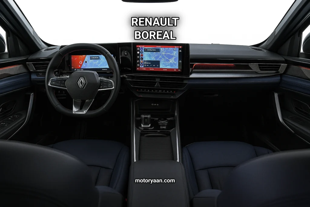 Renault Boreal India Launch interior front view with steering, infotainment, and dashboard