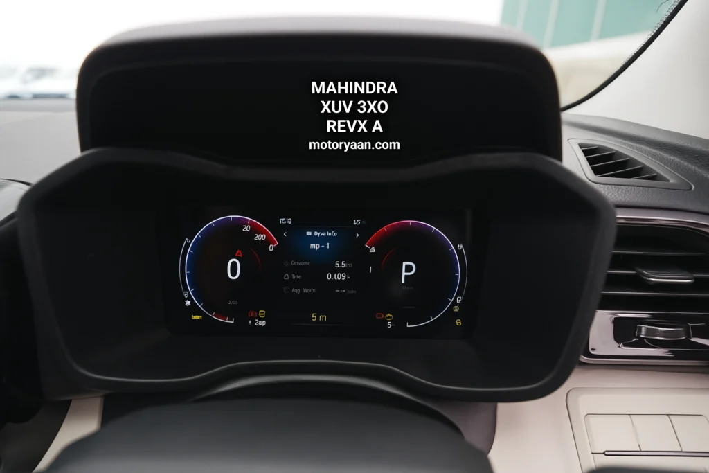 Mahindra XUV300 REVX-A infotainment screen with steering controls and AC panel