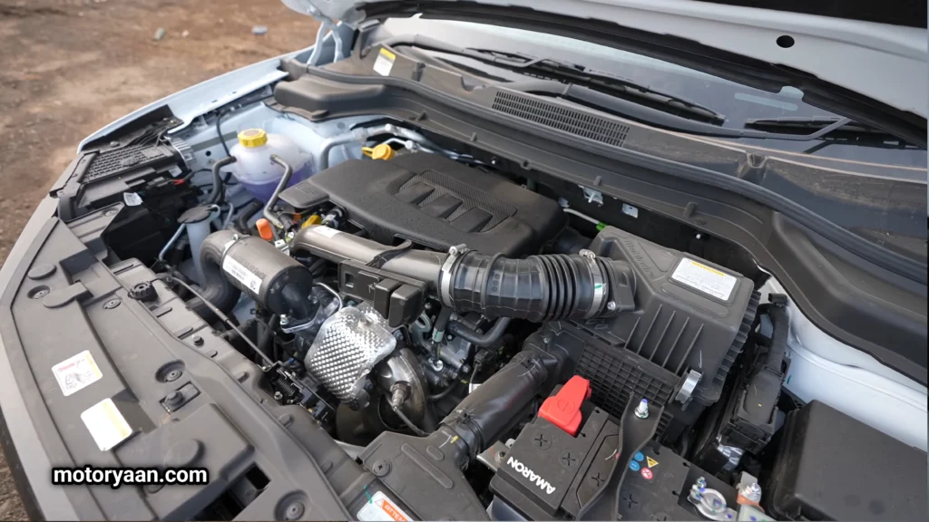 Mahindra XUV-3XO turbo petrol engine bay with neatly laid components.