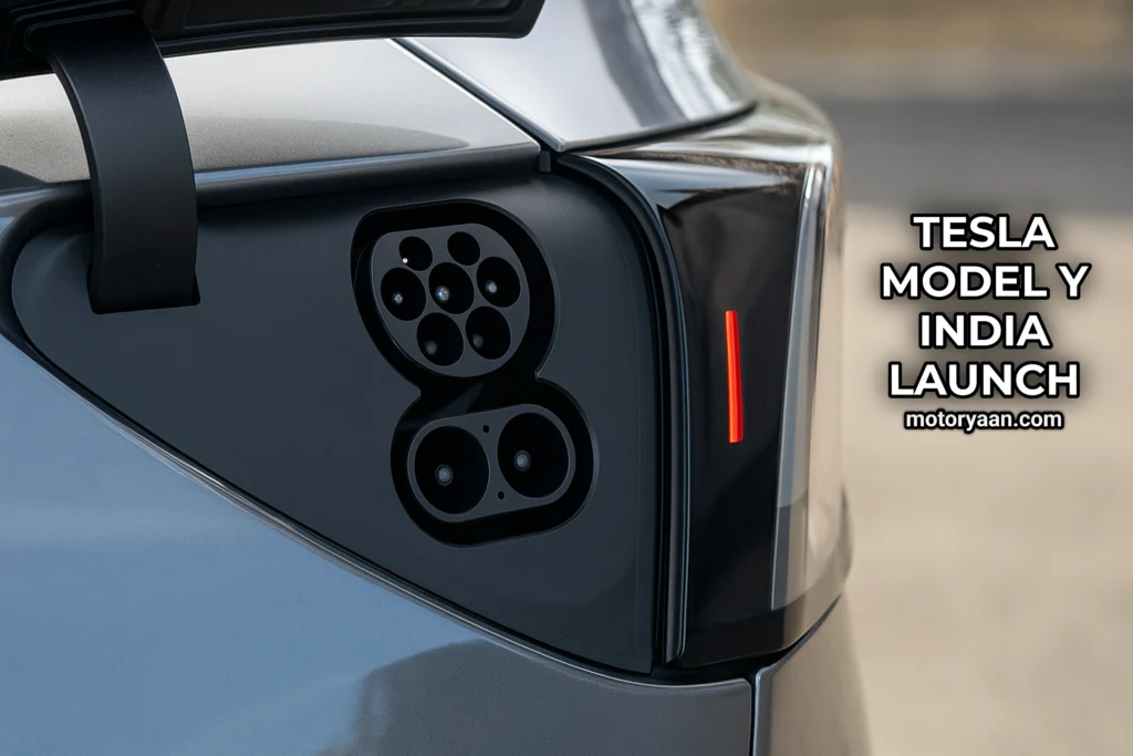 Tesla Model Y rear charging port open for EV charging