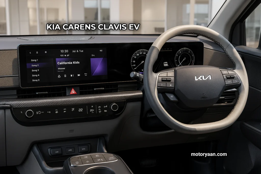 Kia Carens Clavis EV interior close-up showing steering wheel, mounted controls, infotainment system, AC controls, and digital instrument cluster
