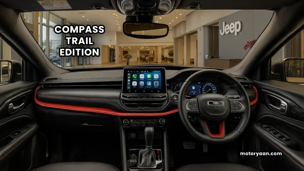 Jeep Compass Trail Edition dashboard, infotainment, steering wheel, gear console front interior