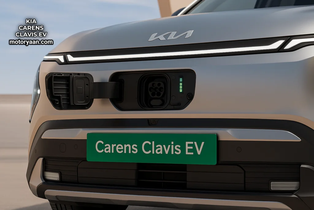 Kia Carens Clavis EV Variants front charging port open with LED DRLs