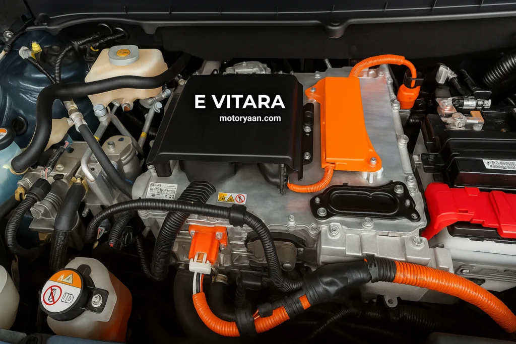 Open bonnet view of eVitara showing electric motor and electronics