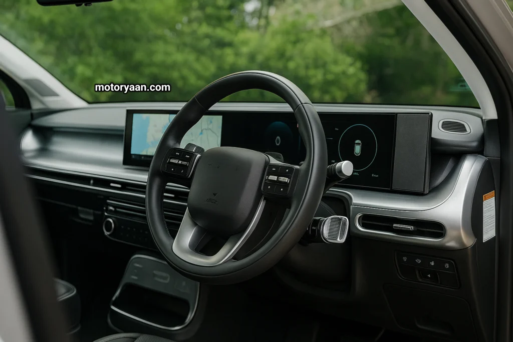 Hyundai Ioniq 9 dashboard with steering, infotainment, and instrument cluster