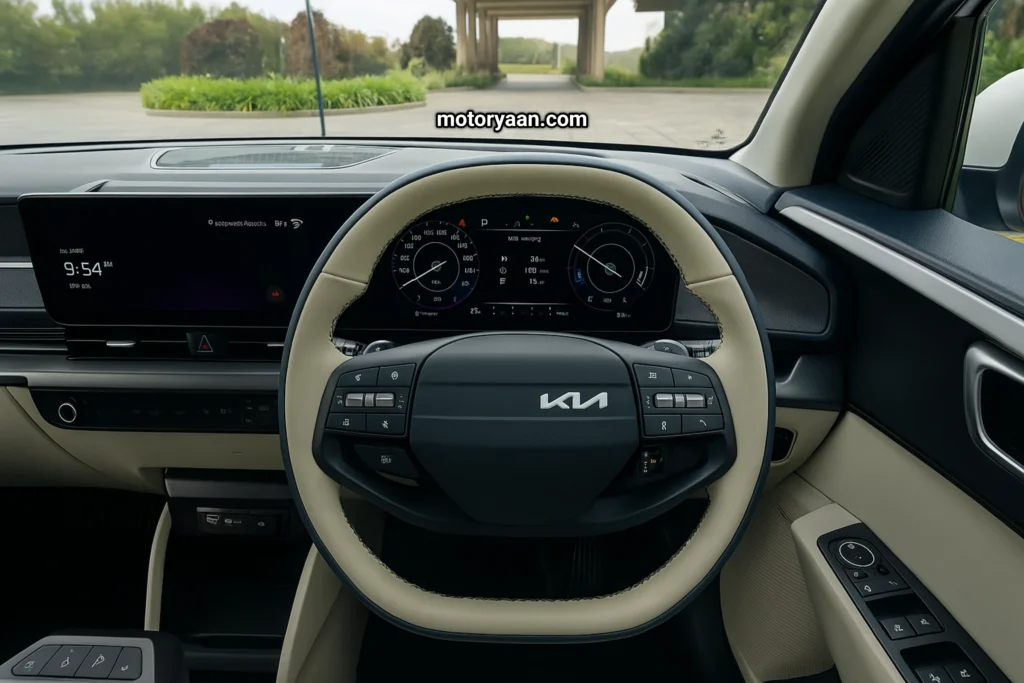 Kia Clavis EV steering wheel, controls, and infotainment screen