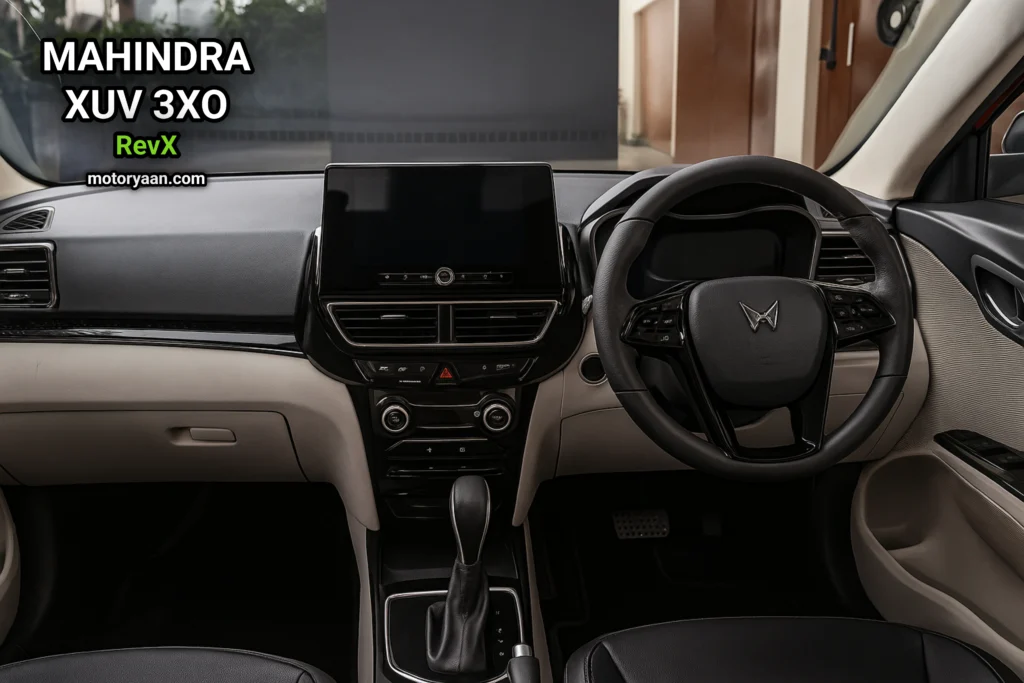 Mahindra XUV 3XO RevX interior showing steering wheel, dashboard, gear shifter, infotainment, and AC controls