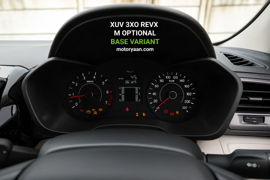 Instrument cluster of 2025 Mahindra XUV 3XO REVX M Optional showing analog dials and MID display