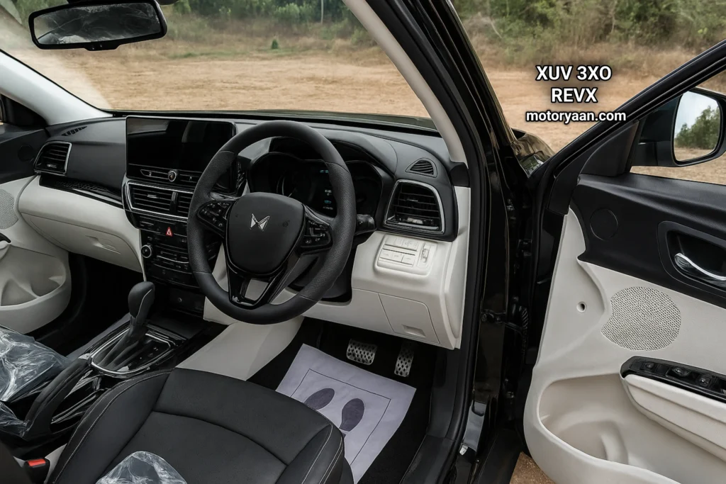 Interior view of 2025 Mahindra XUV 3XO REVX showing dashboard and front seats