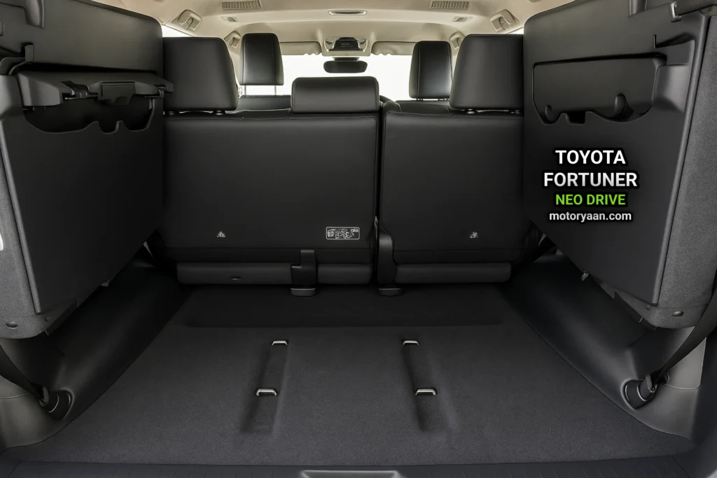 Boot space of Toyota Fortuner Neo Drive with view of third-row and second-row seats.