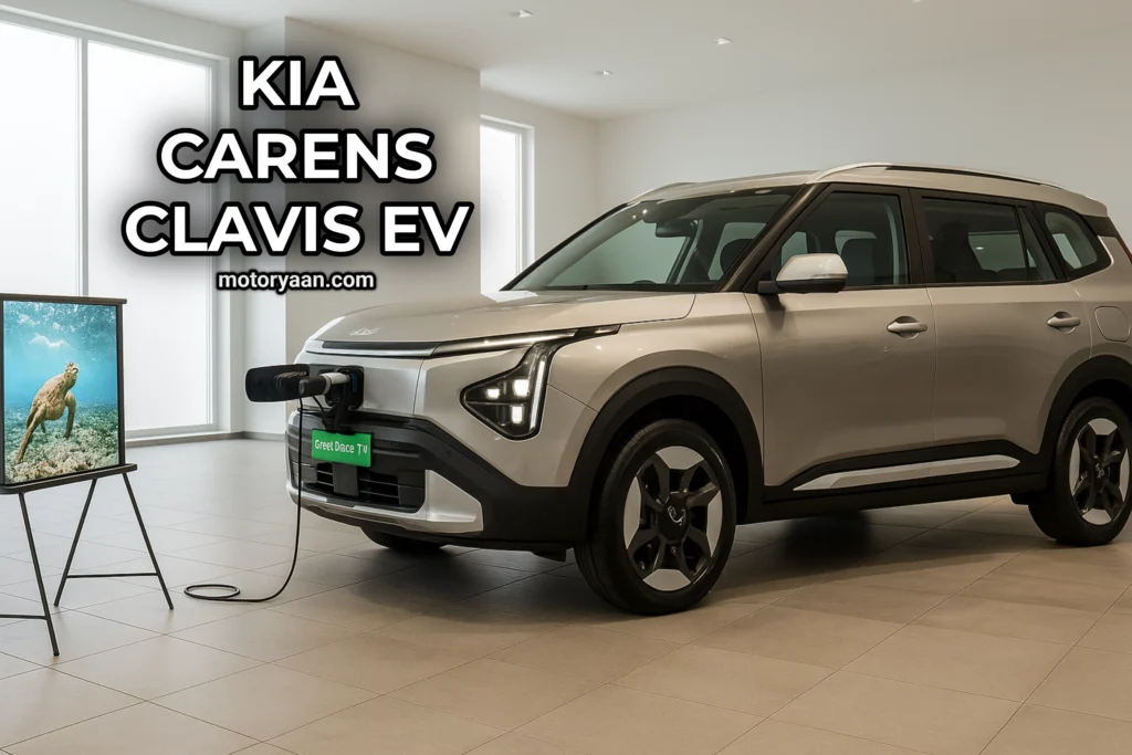 Kia Carens Clavis EV Variants V2L port powering an LED screen