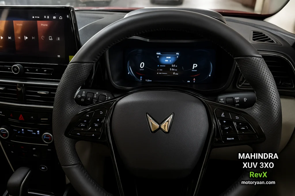 Steering wheel with mounted controls of Mahindra XUV 3XO RevX with instrument cluster and infotainment