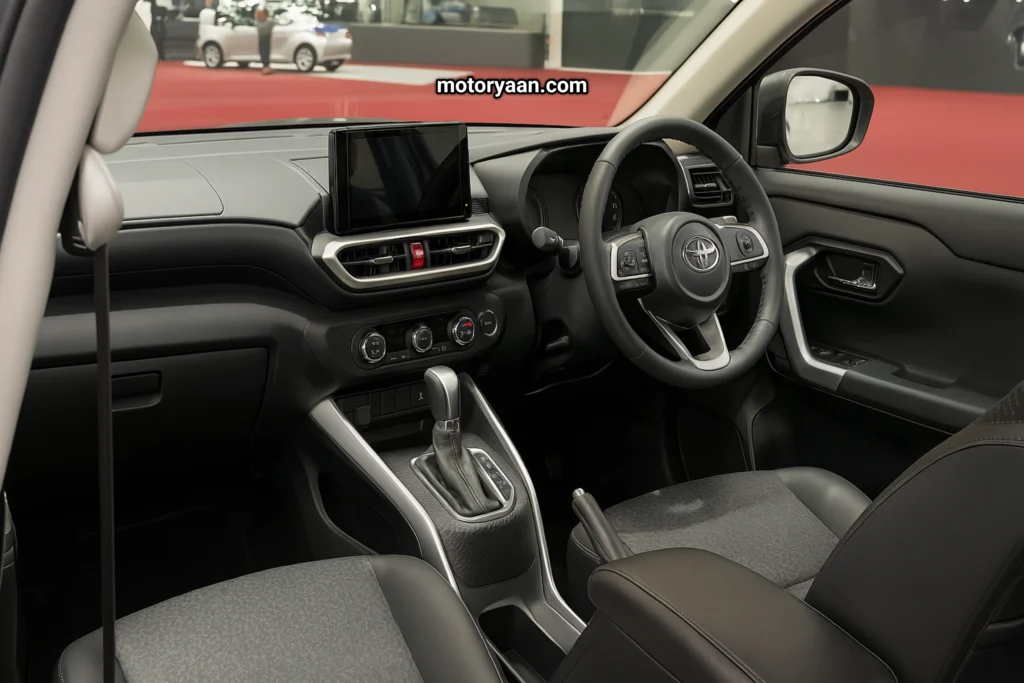 Toyota Raize interior showing dashboard, infotainment system, steering wheel, and front seats