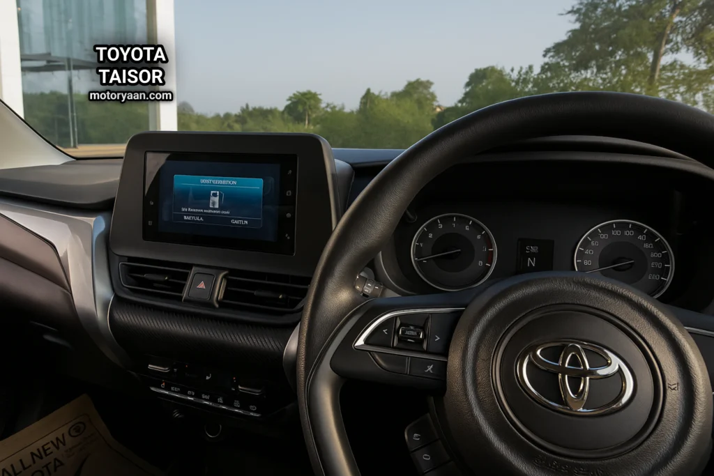 Toyota Taisor dashboard layout including AC controls, infotainment, steering, and cluster