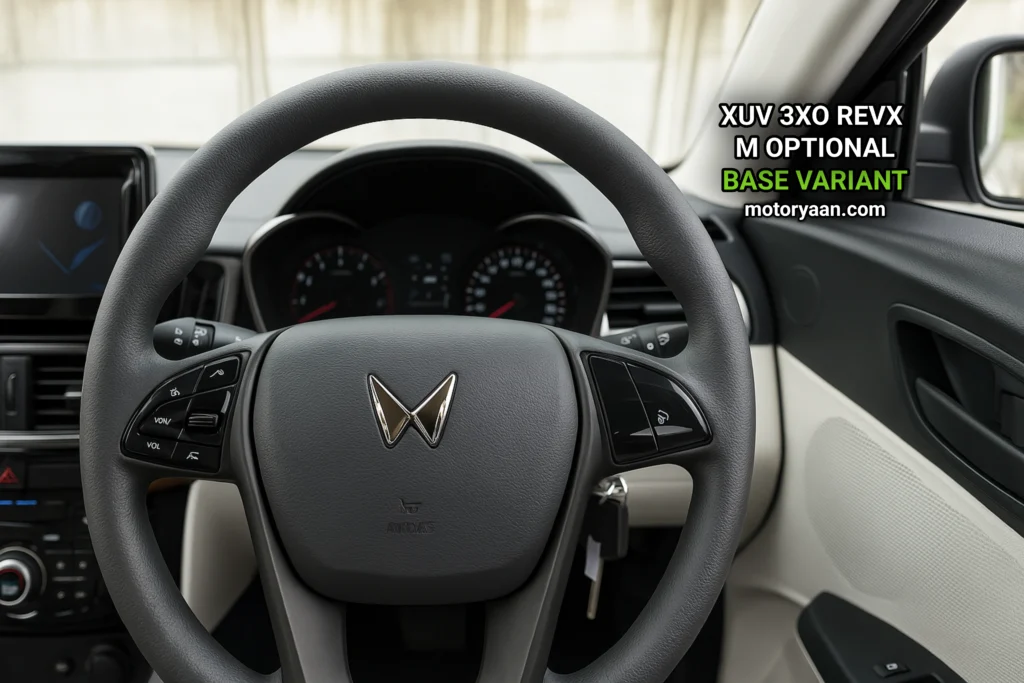 Steering wheel of 2025 Mahindra XUV 3XO REVX M Optional with mounted multimedia and motor control buttons