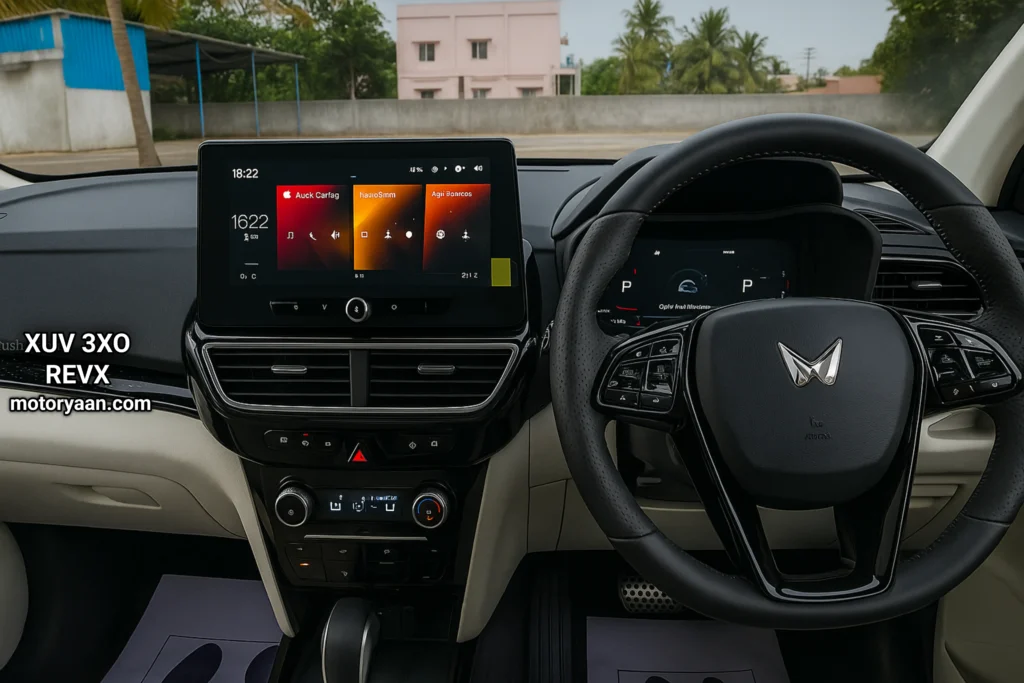 Steering wheel and infotainment system of 2025 Mahindra XUV 3XO REVX