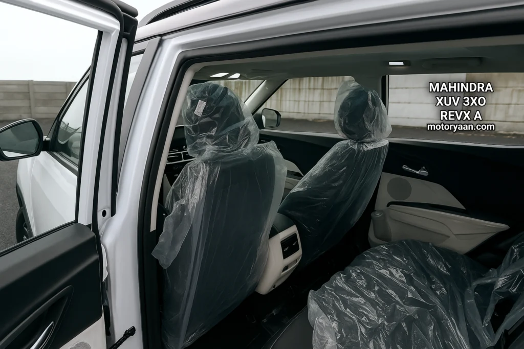 Mahindra XUV300 REVX-A rear seat space, front seats, AC vents and door panel view