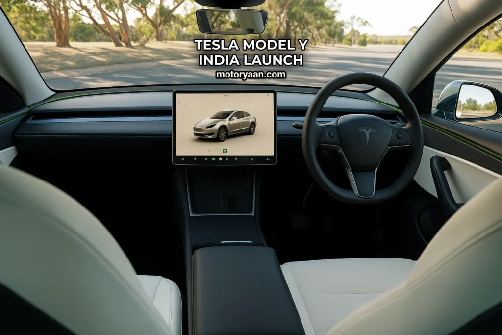 Tesla Model Y front interior with infotainment, steering, console, and seats