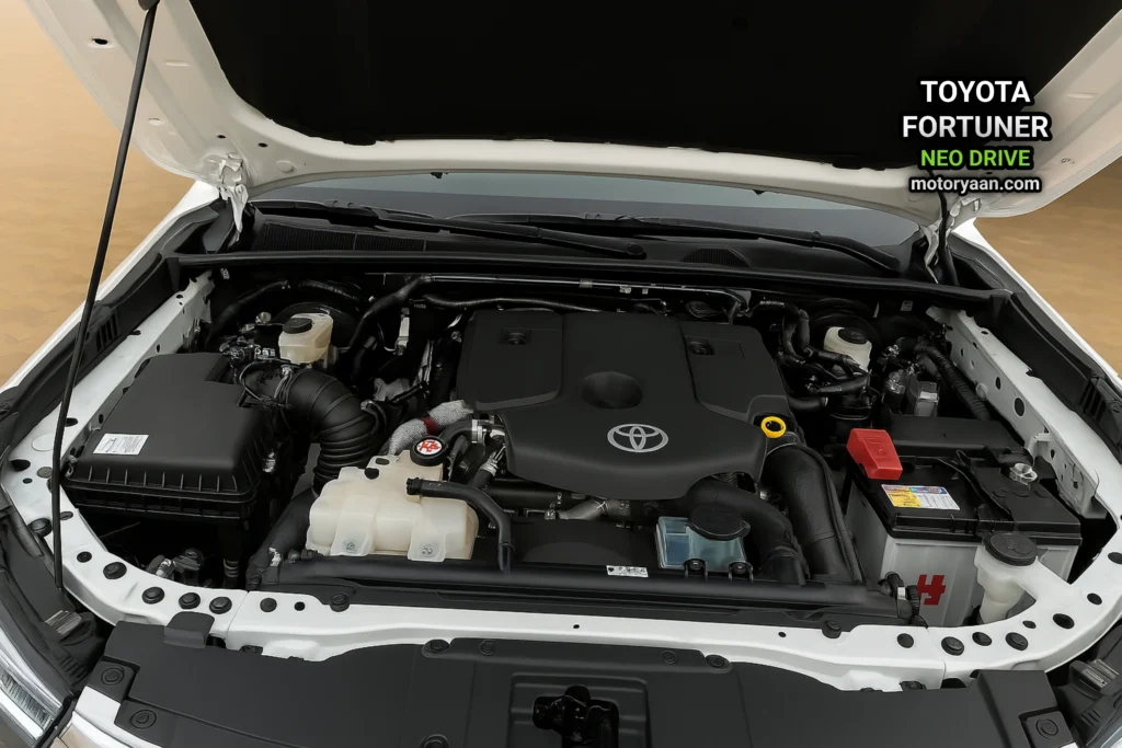 Close-up view of Toyota Fortuner Neo Drive’s engine bay and components.