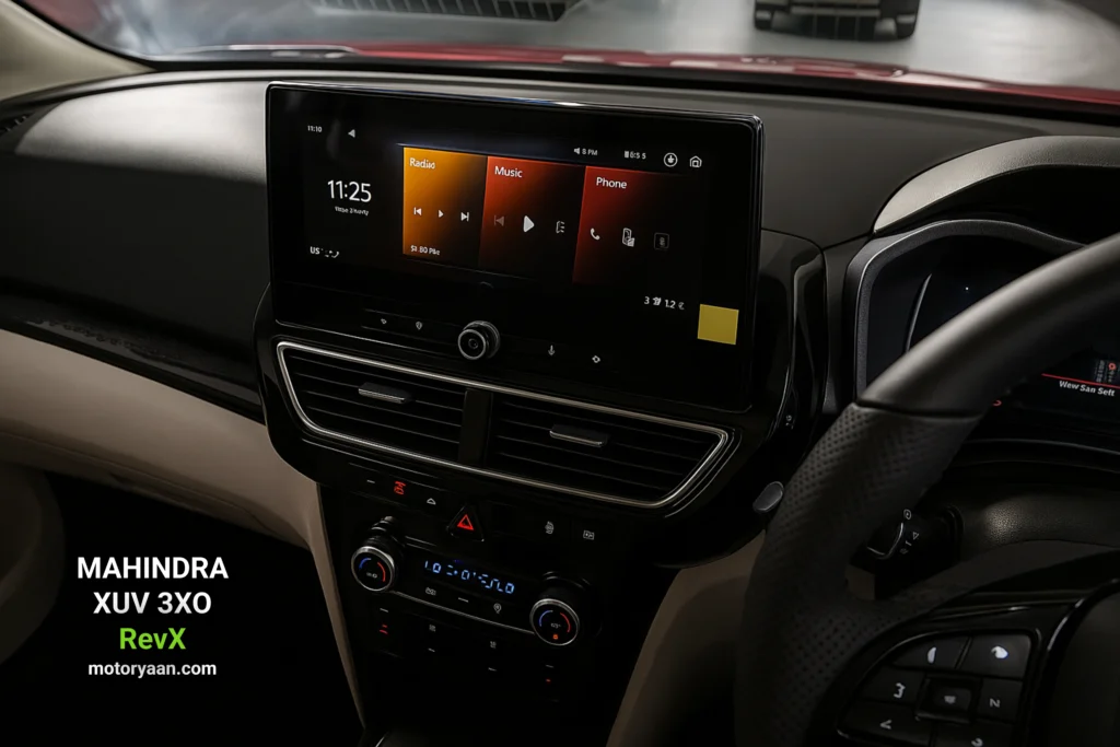 Infotainment system with AC controls and vents in Mahindra XUV 3XO RevX
