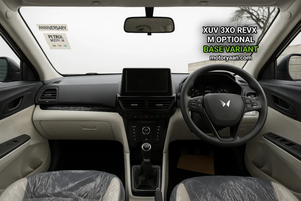 Full dashboard and front cabin view of 2025 Mahindra XUV 3XO REVX M Optional including infotainment system, AC, gear knob, and seats