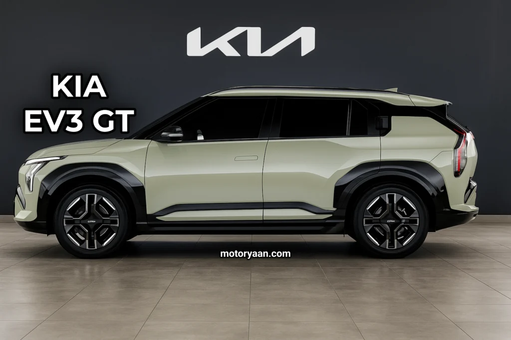 Kia EV3 GT side profile with aerodynamic lines and flush door handles