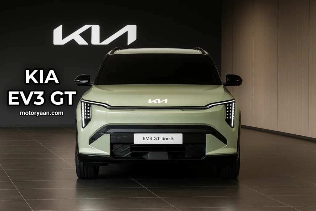 Kia EV3 GT front profile with LED headlamps and aggressive bumper