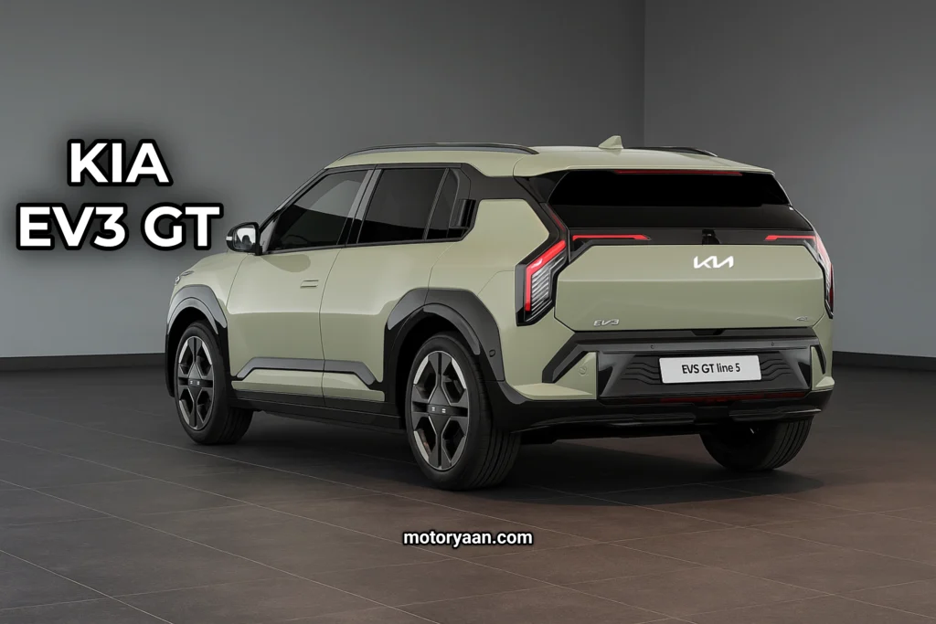 Kia EV3 GT side and rear profile with LED tail lamps and roof spoiler