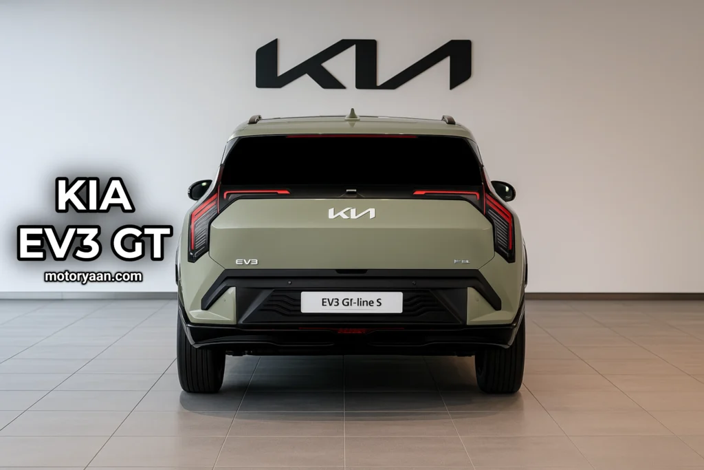Kia EV3 GT rear profile with full-width LED tail lights and GT badging