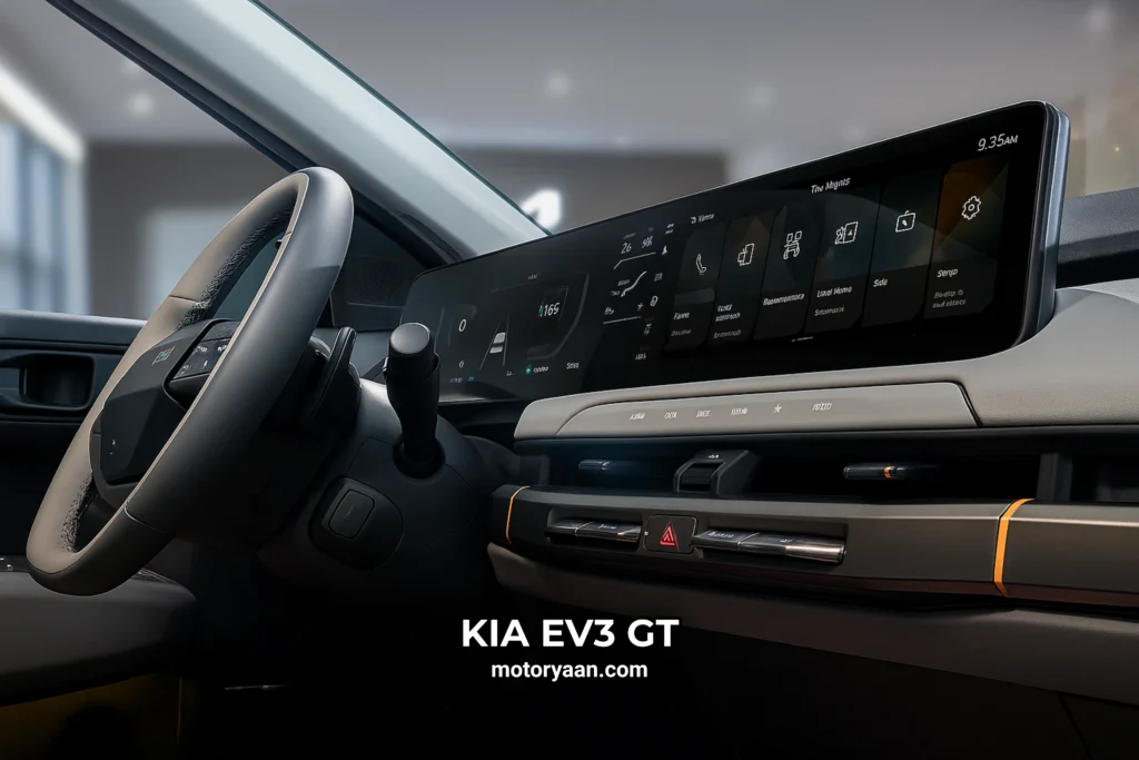 Kia EV3 GT infotainment system, instrument cluster, AC vents, and climate controls