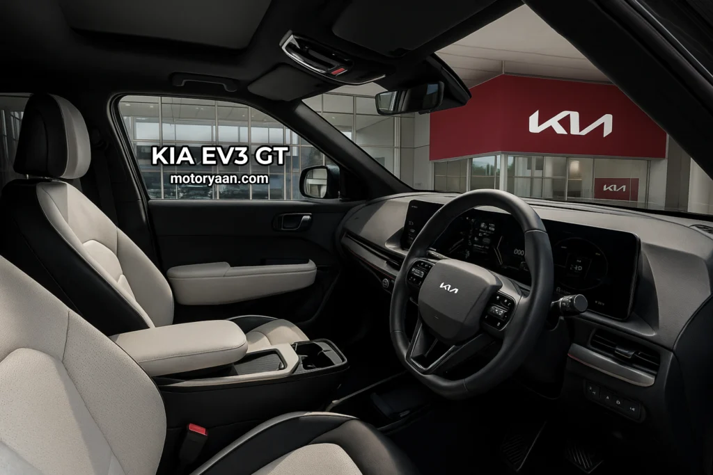 Kia EV3 GT interior with front seats, dashboard, infotainment screen, and steering wheel