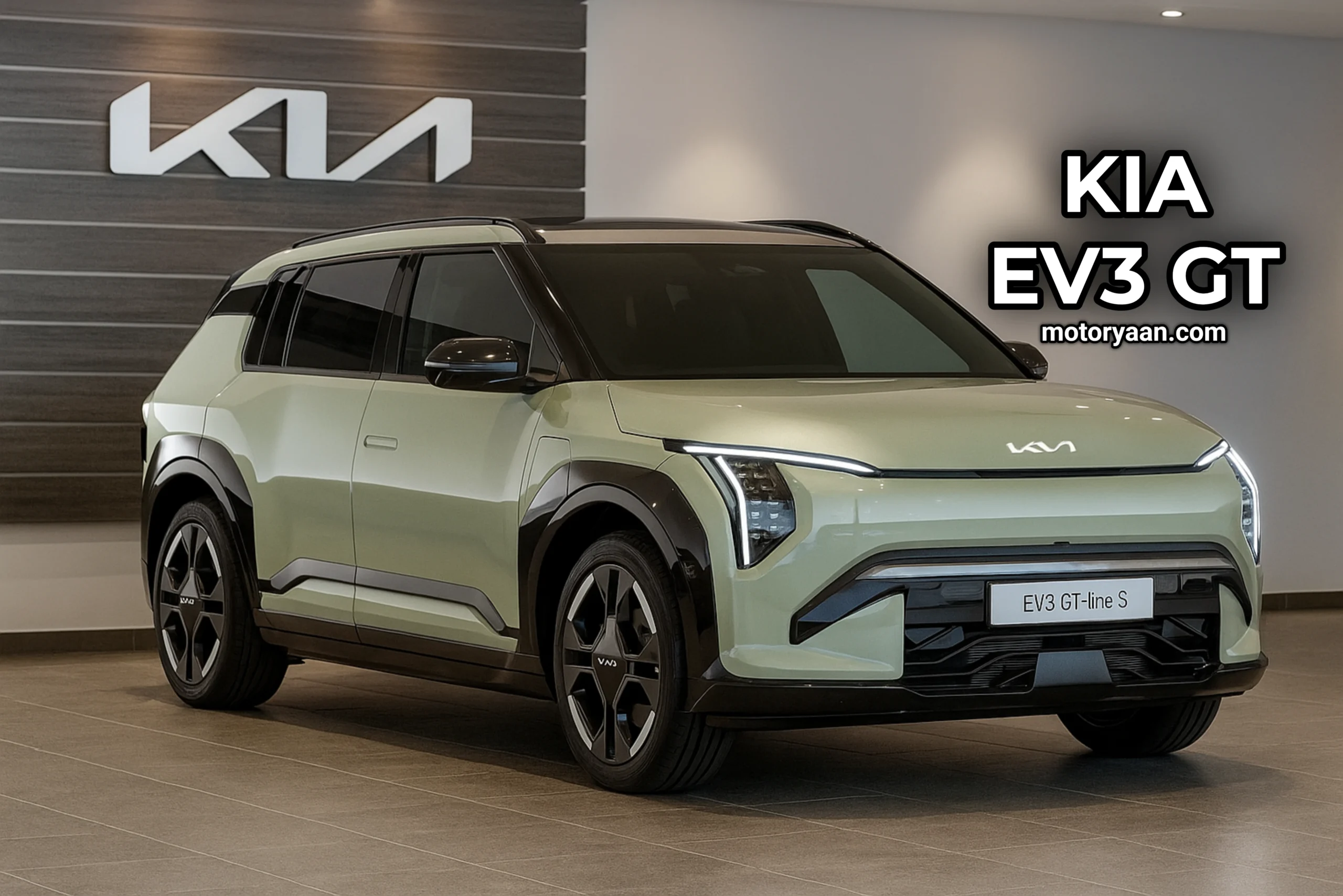 Kia EV3 GT front and side profile showcasing bold LED headlamps and sleek aerodynamic design