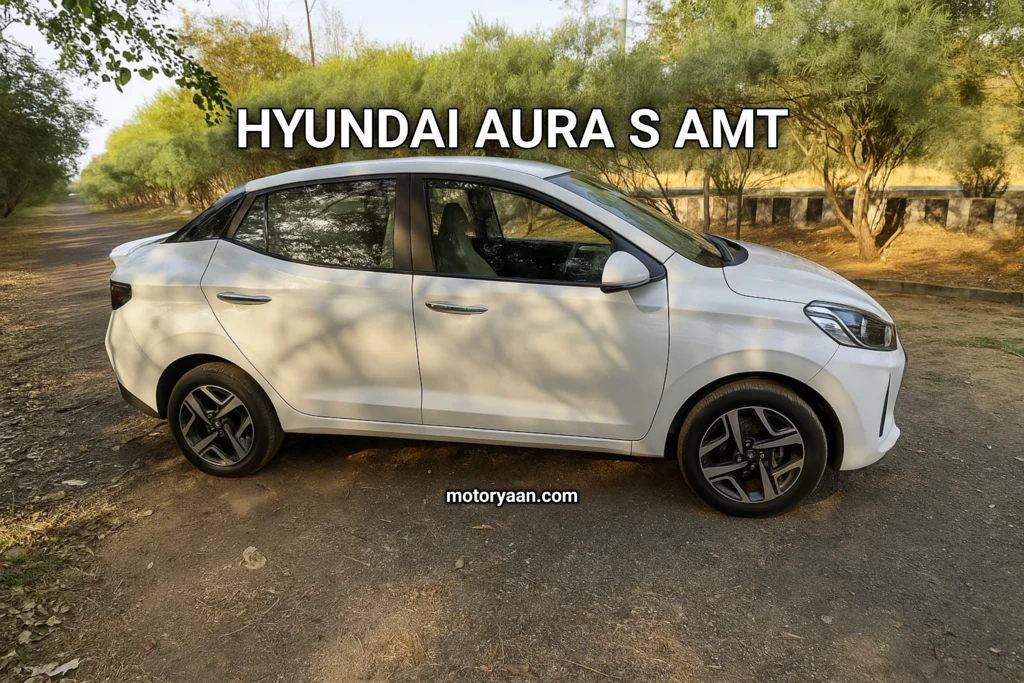 Hyundai Aura S AMT side profile with alloy wheels and sleek character lines