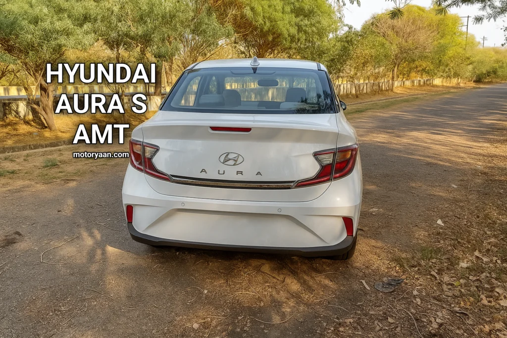 Rear view of Hyundai Aura S AMT with LED tail lamps and spoiler