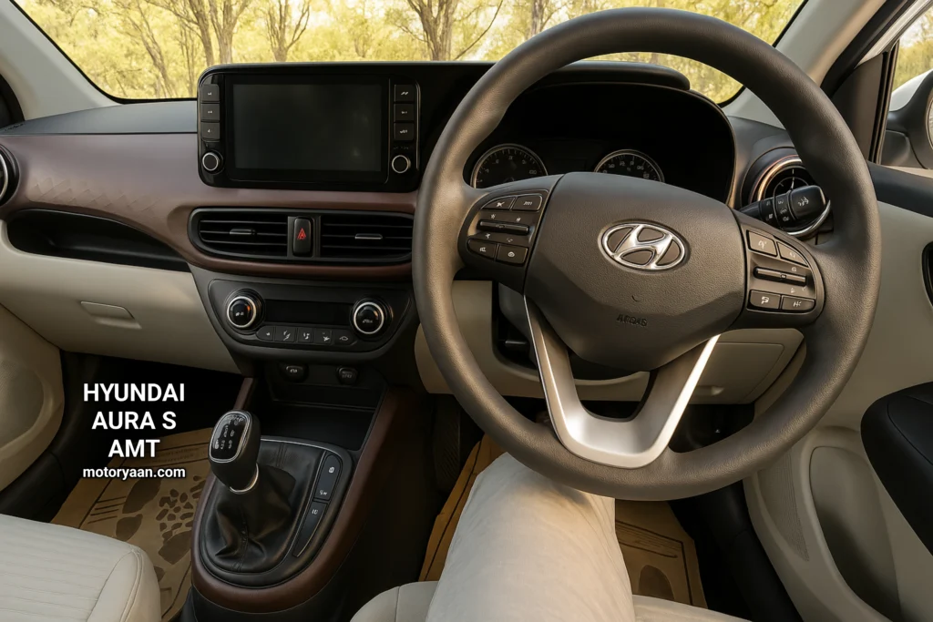 Hyundai Aura S AMT interior view showing infotainment, dashboard, and front seats